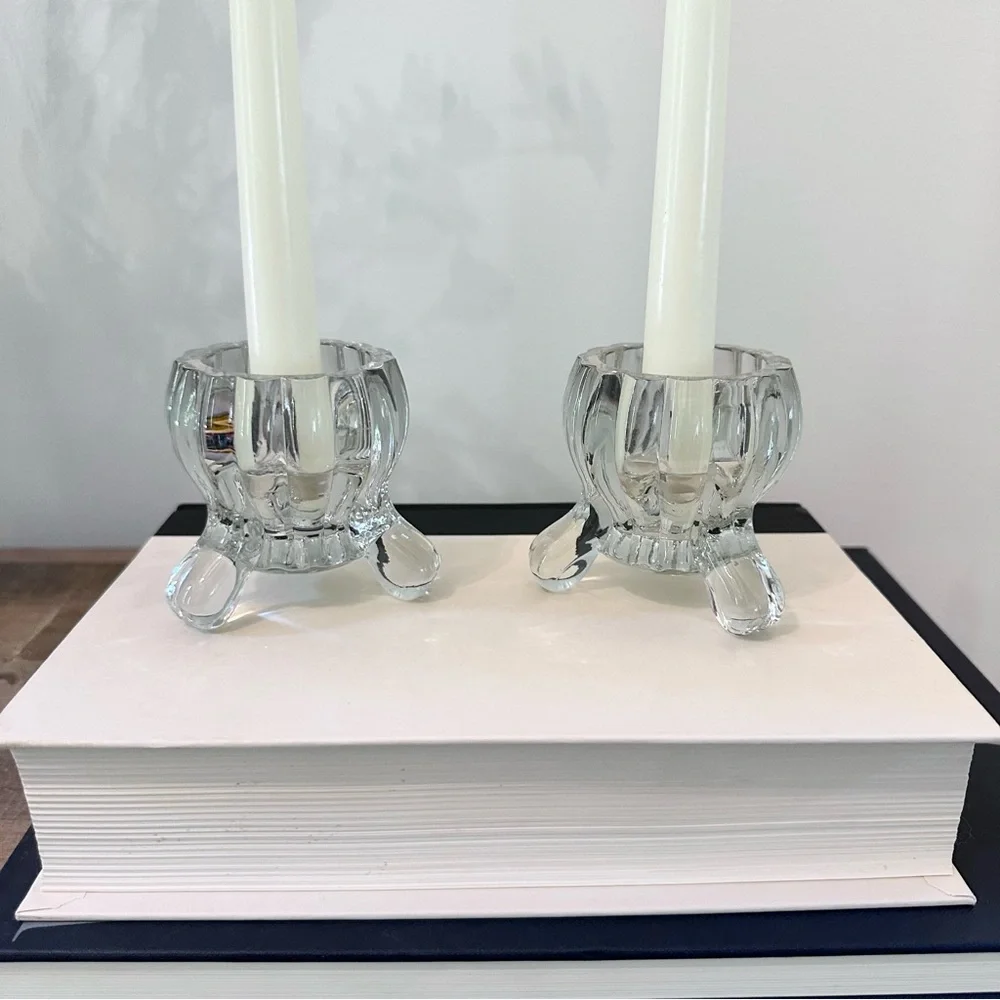 Lot Of 2 Vintage Clear Glass Footed Pillar Tea Light Candle / Air Plant Holders